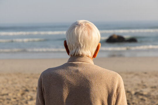 rear view of elderly man looking out at ocean waves, grotto beach, hermanus, South Africa