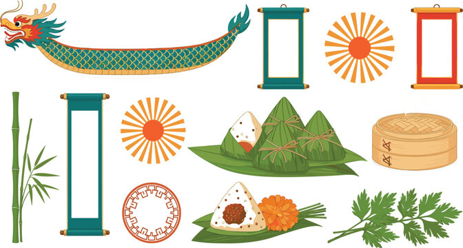 Dragon Boat Festival Vector Illustration Set with Rice Dumplings Zongzi Wooden Steamer Blank Hanging Scrolls and Bamboo Leaves for Cultural Designs