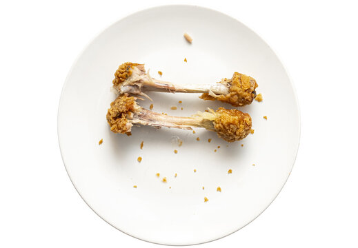 Two chicken bones as left over on white plate. Unhealthy fast food, chicken legs, top view