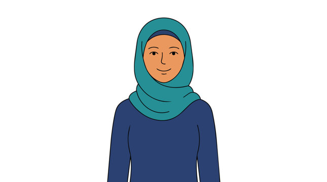 Muslim woman smiling in teal hijab and navy blue attire minimalist vector for social diversity campaigns