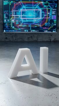 Futuristic AI technology displayed on screens with 3D letters in a modern setting