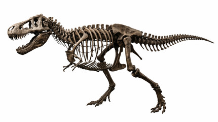 Naklejka premium Detailed Full Body Profile View of a Tyrannosaurus Rex Fossil Skeleton Exhibiting Realistic Bone Textures and Paleontological Architecture Isolated on White Background