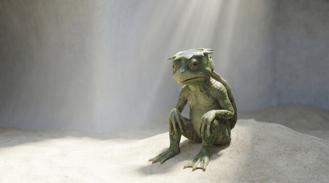 Folkloric Japanese water spirit kappa sitting on sand