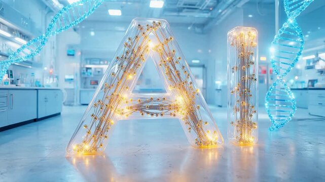 Futuristic laboratory with glowing DNA helix and AI concept