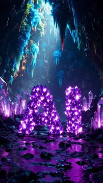Enchanting Crystal Cave with Glowing Purple AI Letters and Blue Icicles
