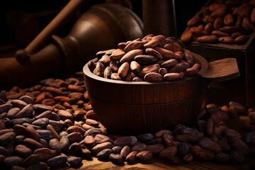 Fototapeta premium Roasted cocoa beans are overflowing a wooden bowl, creating a warm and inviting scene perfect for chocolate lovers