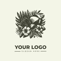 Fototapeta premium Vintage hand drawn tropical summer vacation logo design with beach ball and hibiscus flowers.