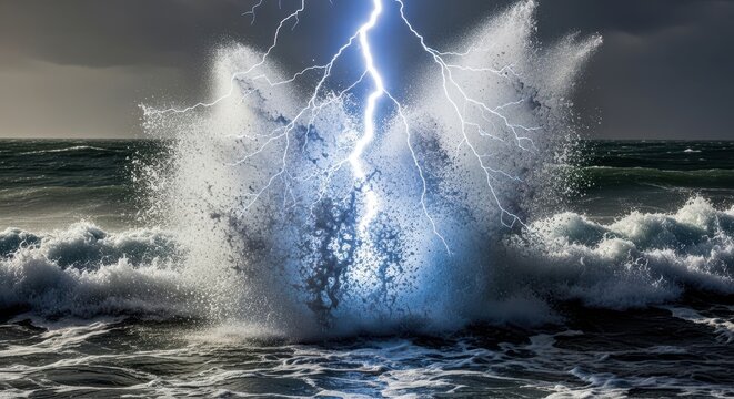 Electric Blue Lightning Strikes Crashing Ocean Waves