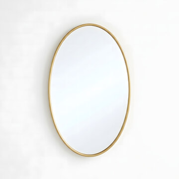 Elegant oval mirror with a thin gold frame isolated against a clean bright white wall background