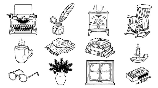 Vintage cozy lifestyle hand drawn doodle icons set with typewriter books and fireplace.