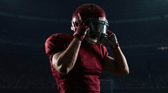 American football player in red uniform adjusting helmet, professional athlete standing in dark stadium, cinematic sports portrait with dramatic lighting
