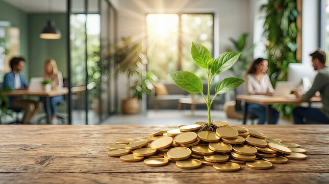 Small green plant growing from a pile of gold coins on a wooden table in a modern eco-friendly office.