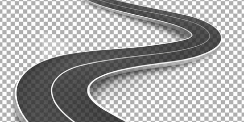 Top down view of a curved section of asphalt road with white lane dividers extending into the distance, creating a sense of journey and transportation © aril