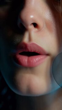 Close-up of a woman's lips speaking or singing with subtle movements