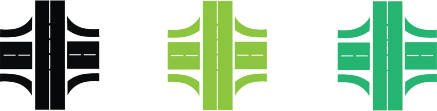 Road infrastructure design highway interchange layouts  three different colored road intersection plans  black green and teal