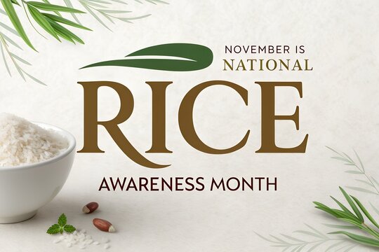 National rice awareness month celebration graphic featuring a white ceramic bowl filled with raw white grains arranged elegantly on a textured light beige surface with green decorative leafy plant acc