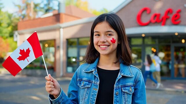 Young girl proudly waves Canadian flag outside cafe with maple leaf face paint