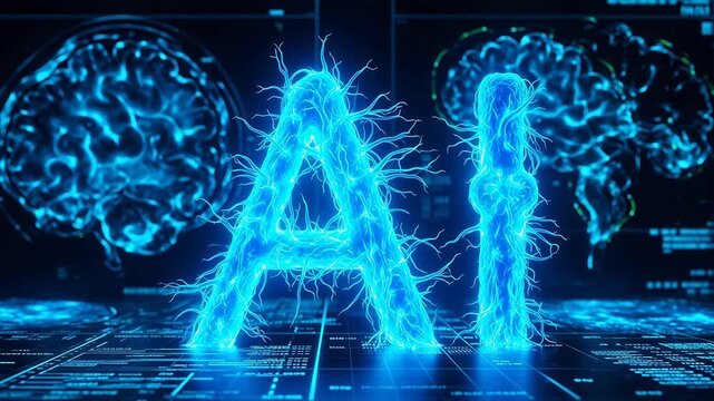 Futuristic AI concept with glowing neural networks and digital data streams