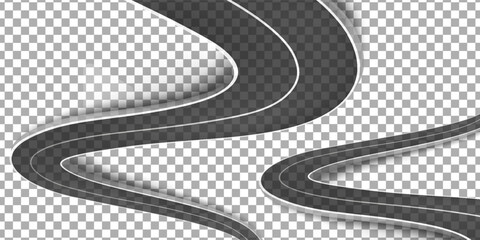 Top down view of a curved section of asphalt road with white lane dividers extending into the distance, creating a sense of journey and transportation © aril