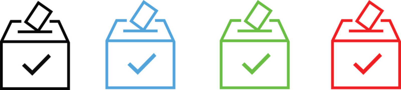 Colorful icons of ballot boxes with checkmarks in black blue green and red for voting and elections concepts