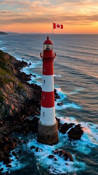 Iconic Canadian Lighthouse on Rocky Coastline at Sunset