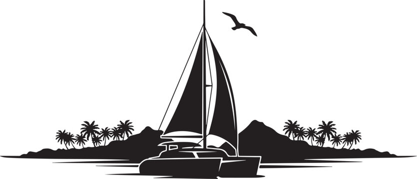 Black and white of a catamaran sailboat near a tropical