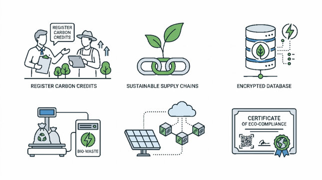Sustainable Business Icons Set for Carbon Credits and Green Supply Chain Management.