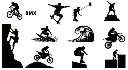 Obraz premium Set of extreme sports silhouettes featuring action athletes in various activities.