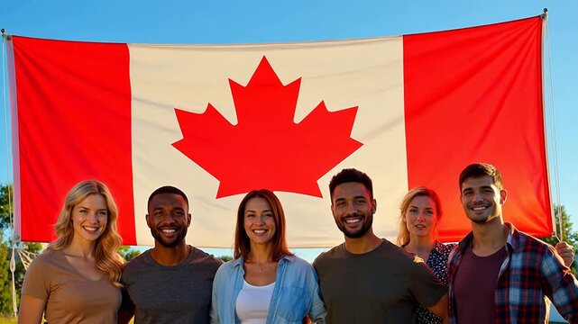 Diverse group of friends celebrating Canada Day with a large flag