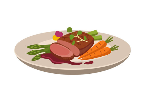 Delicious gourmet plated meal featuring grilled beef steak, asparagus, carrots, and red wine sauce, flat vector food illustration