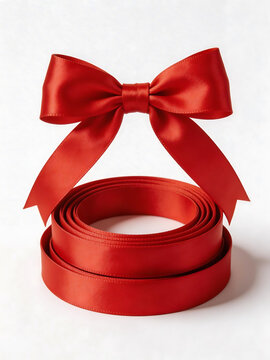 Red satin bow and ribbon on white