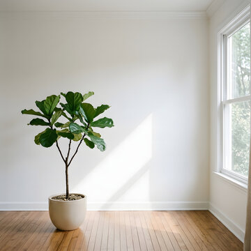 Lush green fiddle leaf fig plant standing in a bright minimalist room with hardwood floors