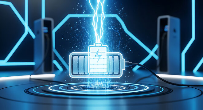 Futuristic sustainable energy concept featuring a luminous digital lithium ion rechargeable battery icon representing green technology and renewable power solutions for clean environment.