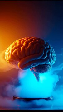 Abstract brain model illuminated with dramatic blue and orange lighting and smoke