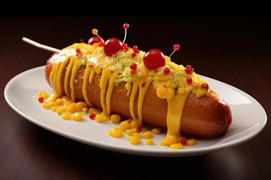 Close up of a gourmet corn dog dripping with cheese sauce, garnished with corn kernels and cherries, served on a white plate