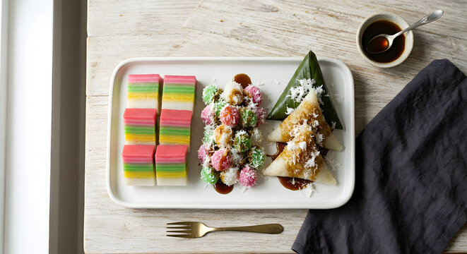 Indonesian traditional sweet cakes (Kue Lapis, Cenil, and Lupis)