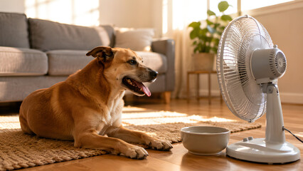 Obraz na płótnie Canvas Dog Panting Beside Fan in Hot Weather