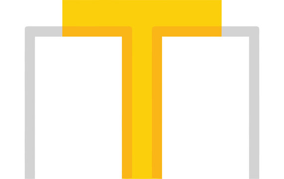 Flat of a yellow t-shaped centered between two grey rectangular outlines on a white background, letter t