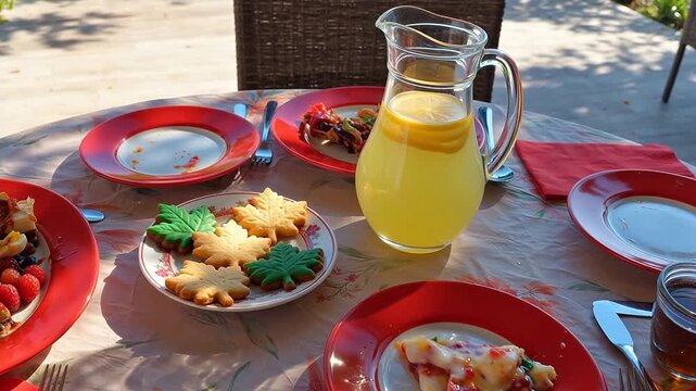 Outdoor brunch spread with lemonade, cookies, and fruit on a table