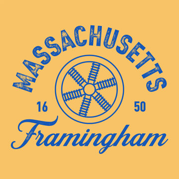 A vintage-style vector illustration featuring Framingham, Massachusetts, complete with a grunge texture and a classic emblem. Perfect for trendy hipster t-shirts and apparel.