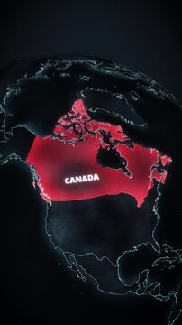 Vertical 3D digital globe map highlighting Canada in glowing red alert on dark background, ideal for short-form social media news updates, mobile app promos, and smartphone digital ads.
