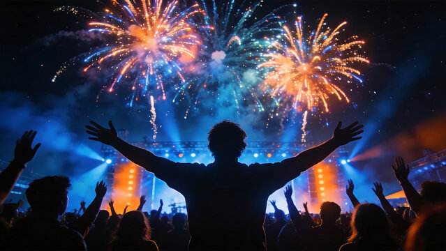 Crowd celebrating with fireworks