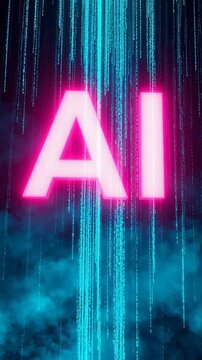 Futuristic AI technology concept with glowing neon text and digital rain