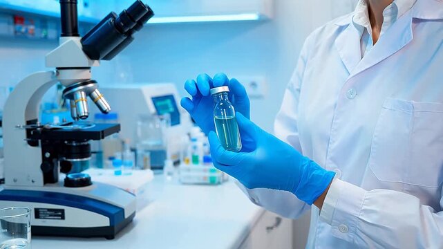 Scientist in blue gloves examines vial next to microscope in laboratory