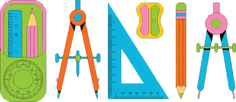 Geometry and drawing stationery kit including protractor pencil sharpener compass set square and ruler for school math education.