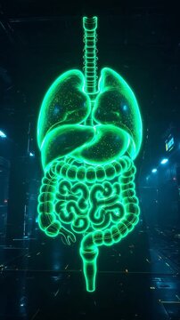 Futuristic glowing human respiratory and digestive system visualization