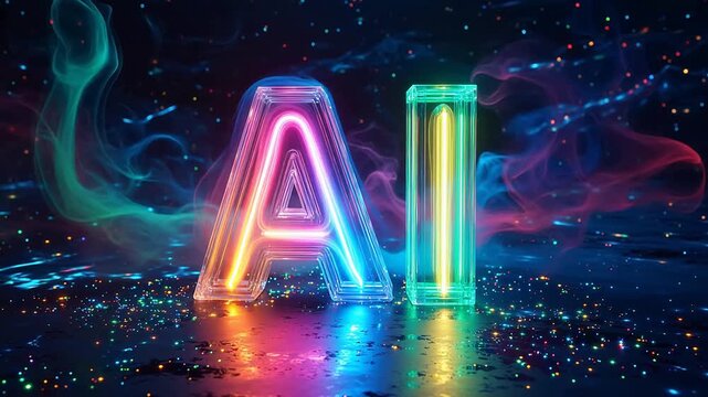 Futuristic AI concept with glowing neon letters and abstract cosmic background