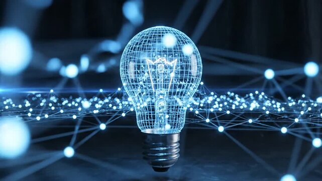 Digital wireframe light bulb glowing with a network of nodes and lines