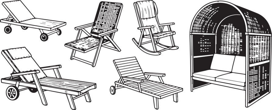 Set of various outdoor relaxing beach chairs and lounge furniture for summer holidays isolated on white background flat style.