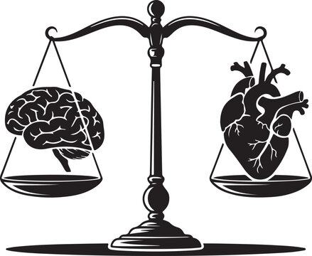 Scales balancing brain against heart representing logic versus emotion and decision making.